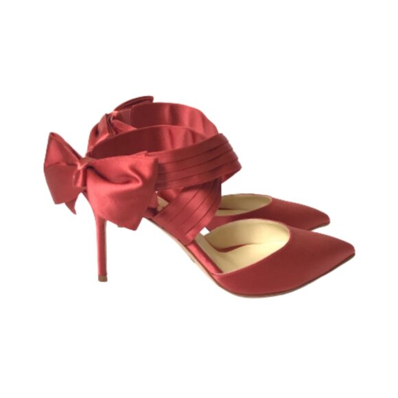 NWOB Sarah Flint Ankle Bow Wrap Heels Womens 37.5 7.5 Salmon Pink Pointed Toe - Picture 3 of 13